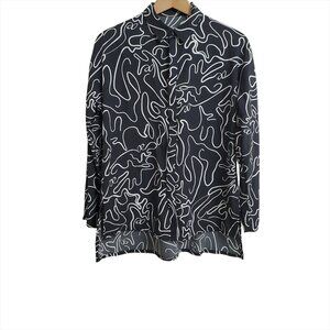 ADAY Women Something Cool Button Down Shirt XS Long Sleeve Black White O…